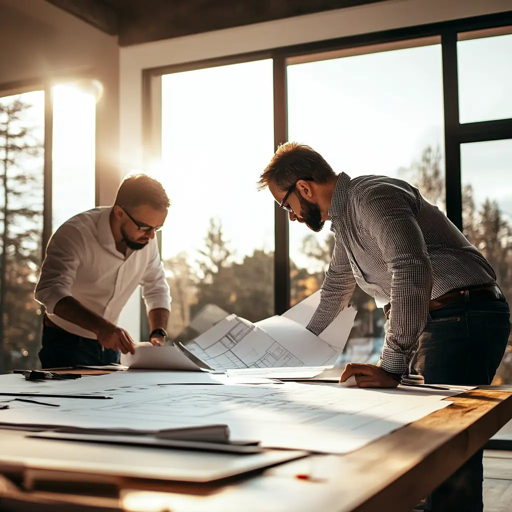Contractor and client reviewing architectural blueprints in a modern Anaheim office.
