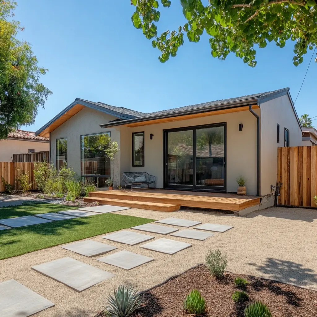 Modern Anaheim home with a sleek ADU, featuring a welcoming facade and a lush backyard.