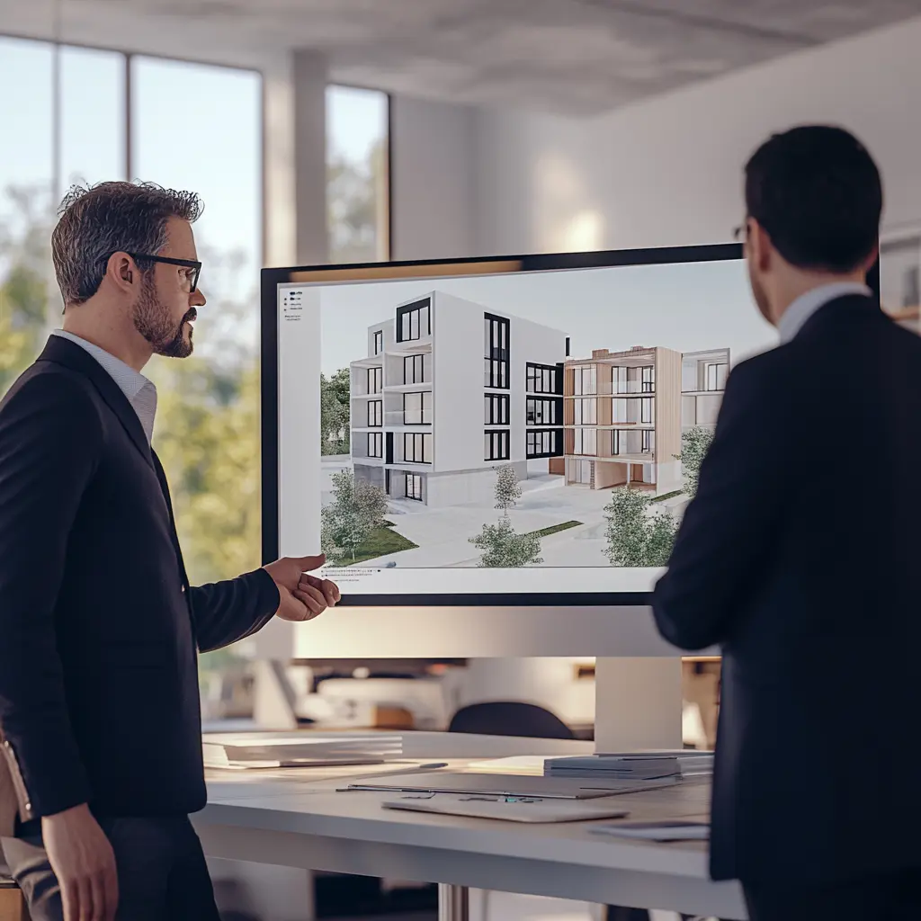 Architect presenting 3D design to client in modern office architects orange county