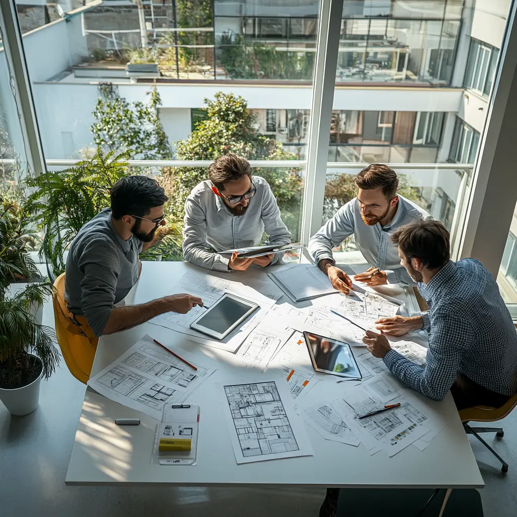 Architects Collaborating on Innovative Designs Architects working on blueprints in a modern office in Azusa