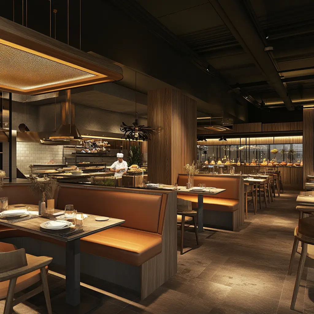 Cozy and Modern Restaurant Interior Design Cozy restaurant interior with booth seating and open kitchen