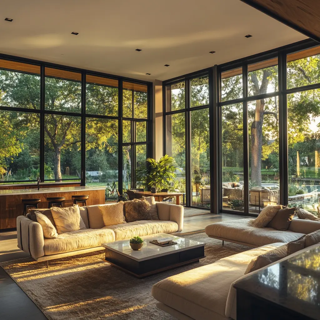 Cozy Open-Plan Living Room with Stunning Views Cozy open-plan living room with floor-to-ceiling windows overlooking a beautiful backyard.