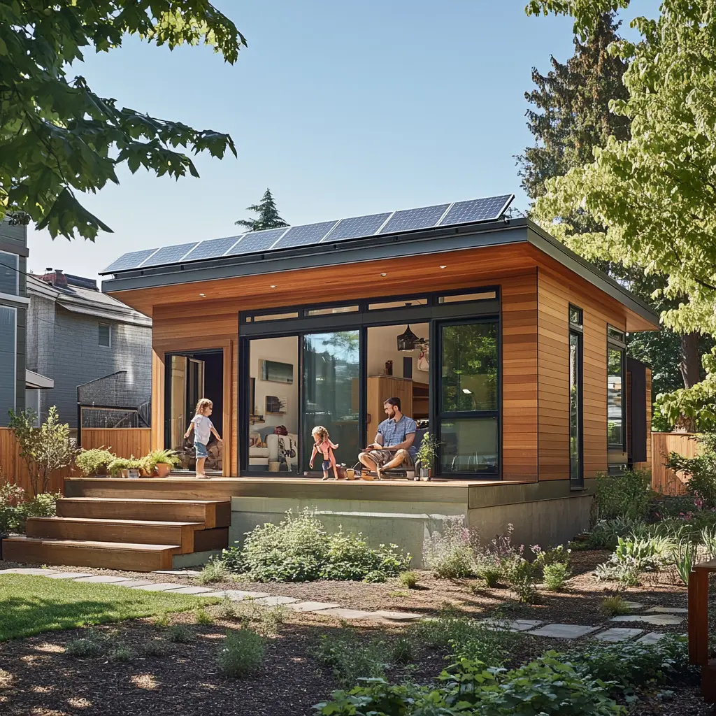 Family relaxing in the backyard of a solar-powered ADU