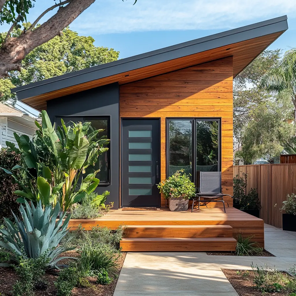 Modern ADU with wooden deck and lush landscaping in Laguna Hills