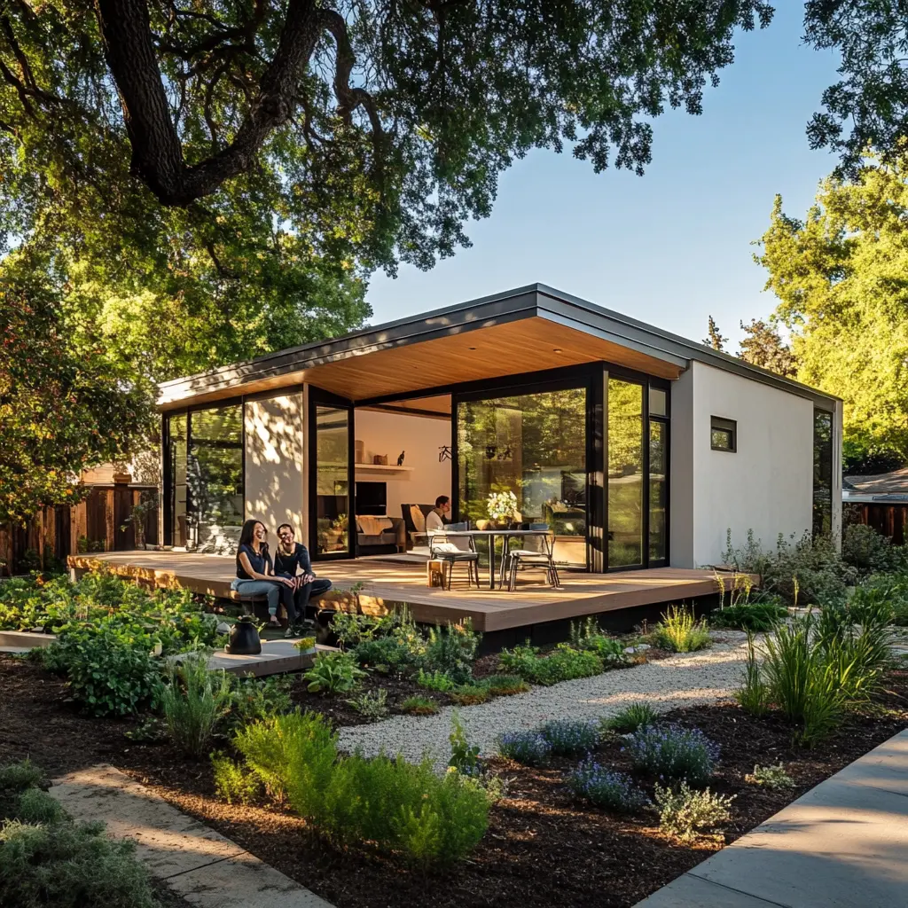 Happy family enjoying their modern ADU with garden