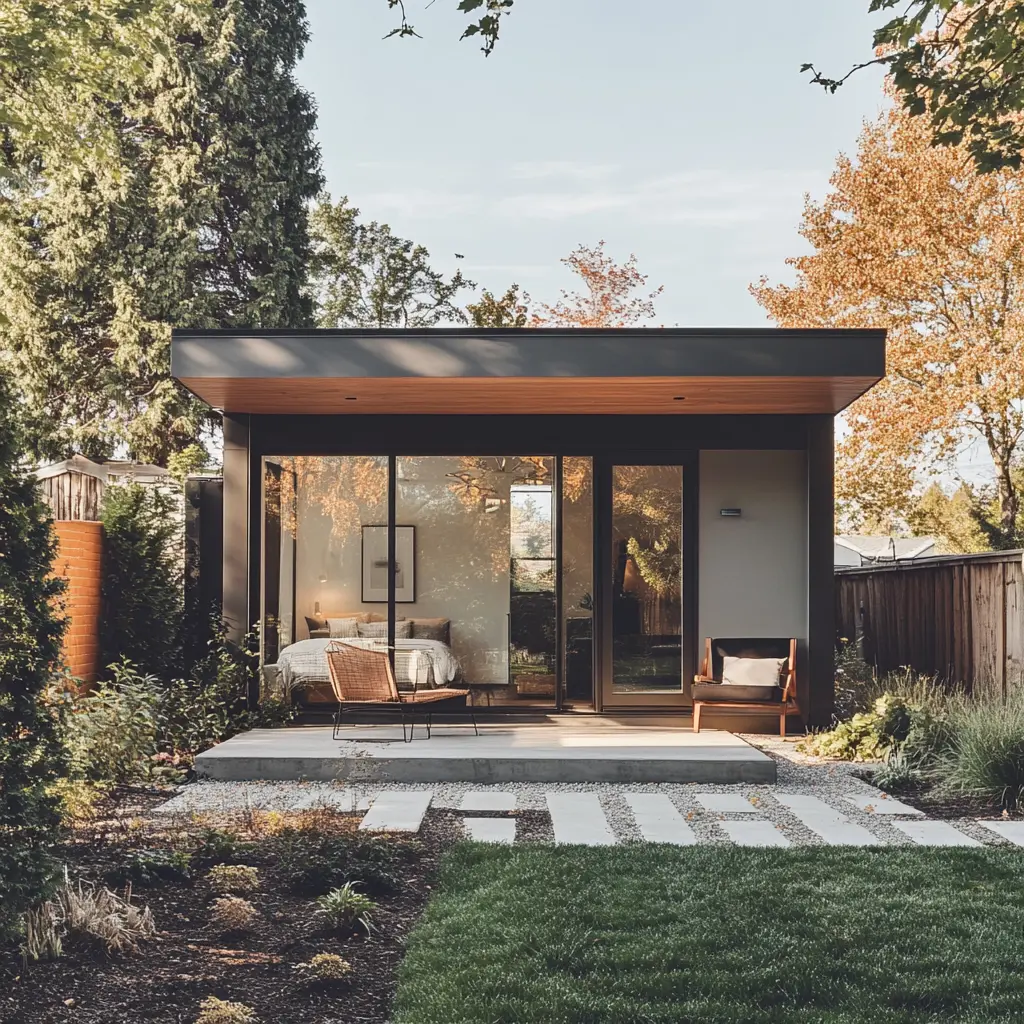 Modern ADU Oasis: Your Backyard Retreat A modern ADU with a sleek design, featuring a private patio surrounded by lush greenery in a suburban setting in Covina Property.