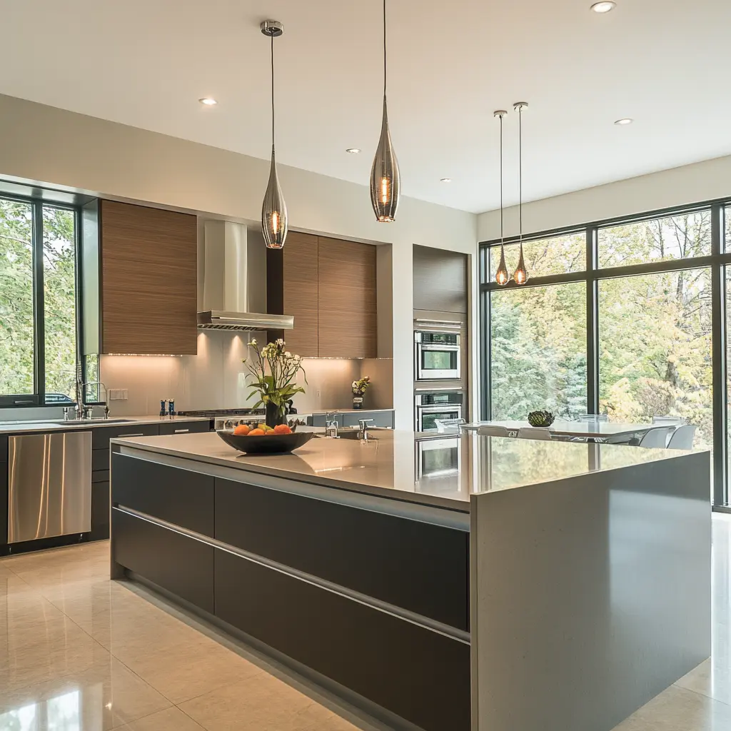 Modern Kitchen Design with Large Island and Stainless Steel Modern kitchen with large central island and stainless steel appliances