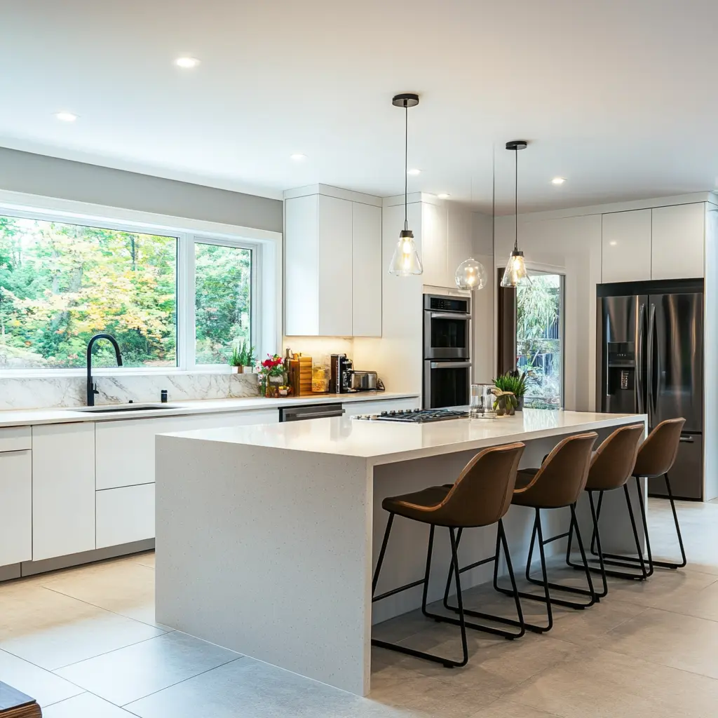 Modern Kitchen Design: Sleek and Stylish A modern kitchen with a large island, quartz countertops, and high-end appliances in Covina Property.