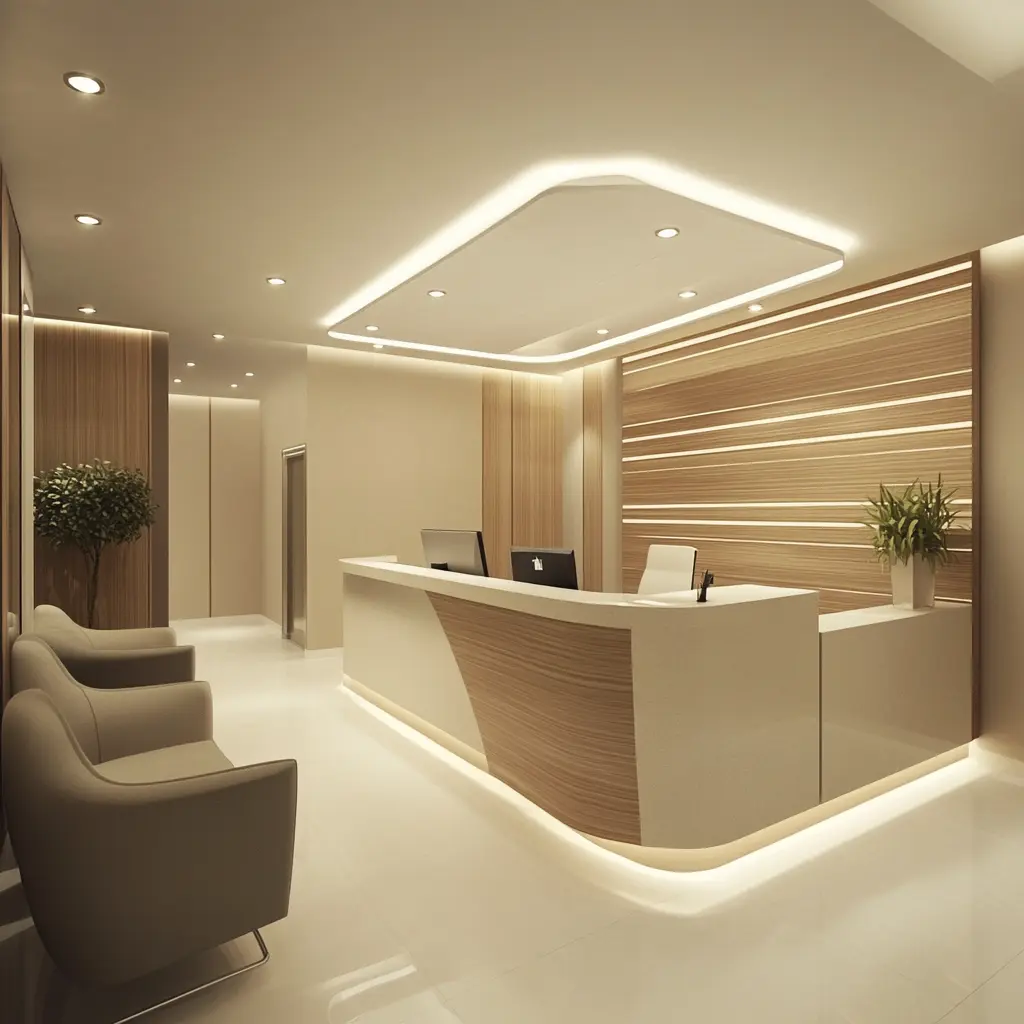 Modern Medical Office with Comfortable Waiting Areas Modern medical office with comfortable waiting area and streamlined reception desk