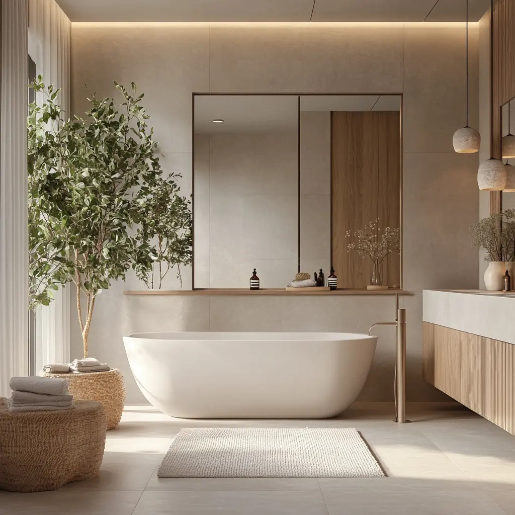 Tranquil Bathroom Retreat: A Spa-Like Oasis at Home Modern bathroom with natural stone tiles, glass-enclosed shower, and soft lighting in Long Beach