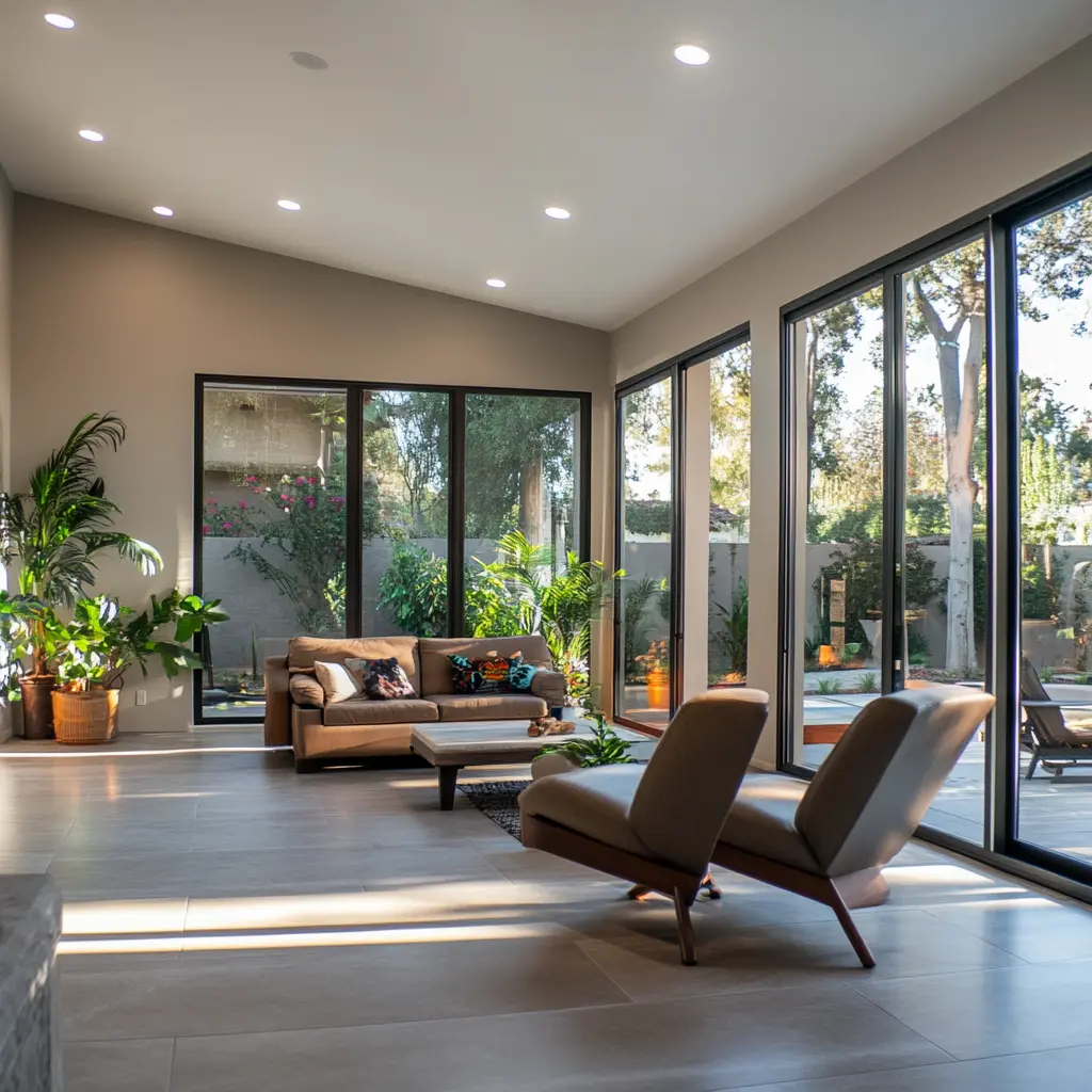 Modern room addition featuring large windows, contemporary furnishings, and minimalist design.