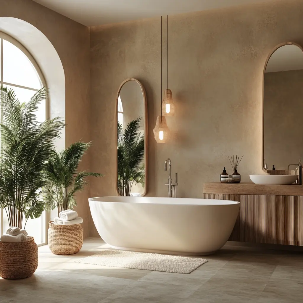Create Your Own Spa: Tranquil Bathroom Design A tranquil bathroom with a freestanding bathtub, natural wood accents, and soft ambient lighting in Covina Property.