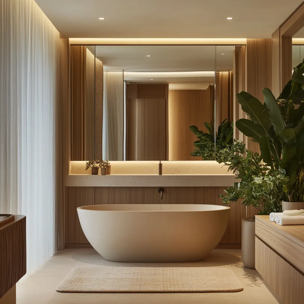Serene Spa-Like Bathroom with Freestanding Tub Freestanding bathtub in a serene spa-like bathroom