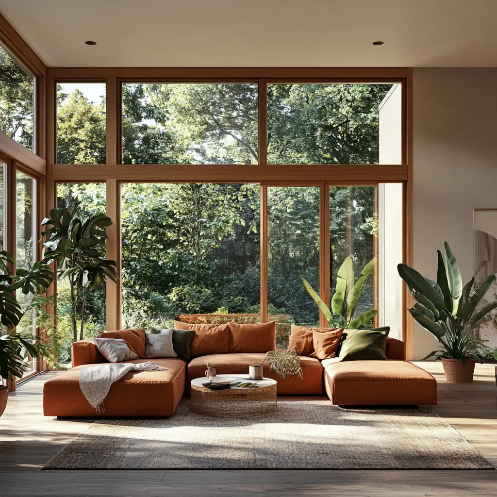 Spacious and Bright Living Room: Modern and Cozy Design Modern and spacious living room with large windows, sofa and plants