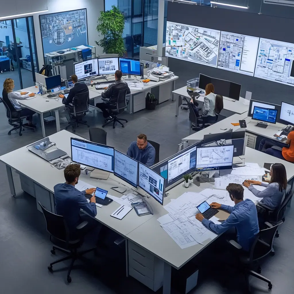 Creative Collaboration: Architects at Work in a Modern Studio Architects collaborating in a modern design studio, surrounded by blueprints and digital tablets.