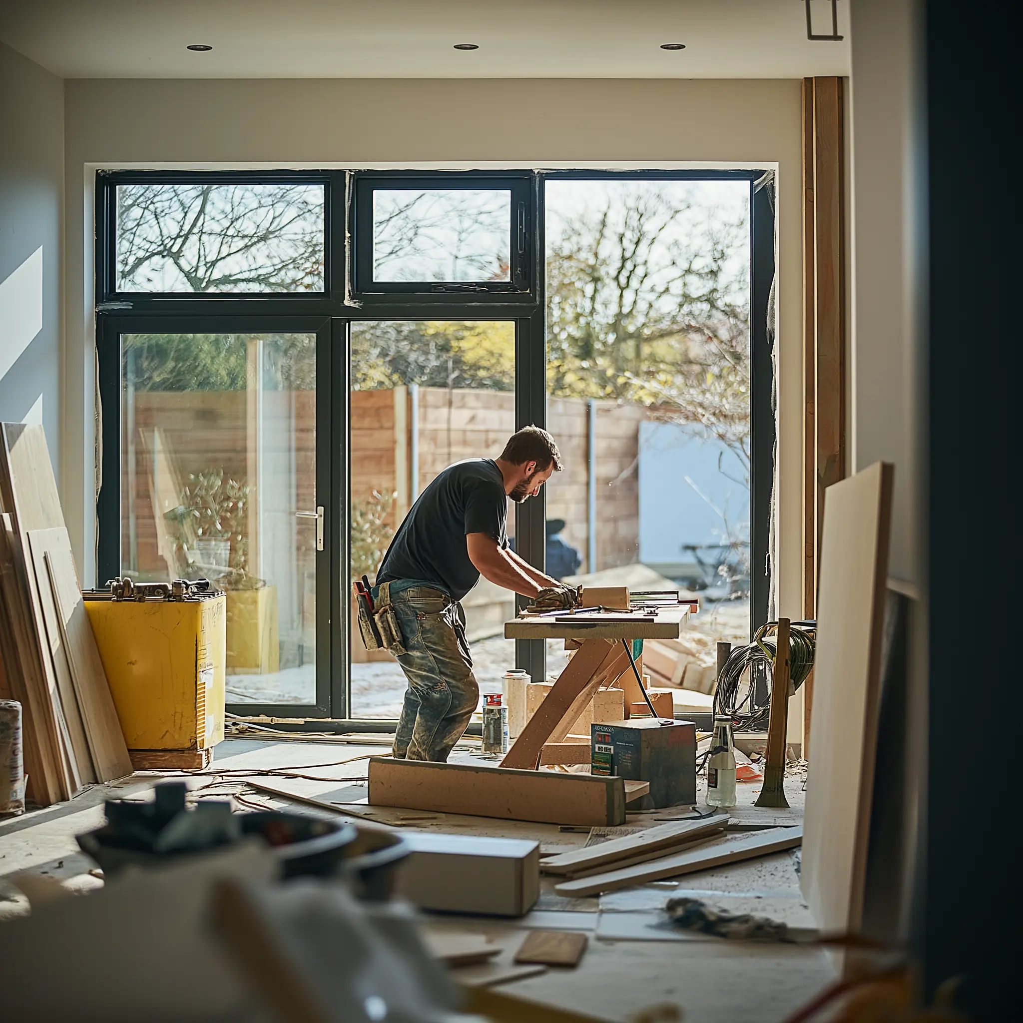 A team of skilled tradesmen working on a home renovation project.