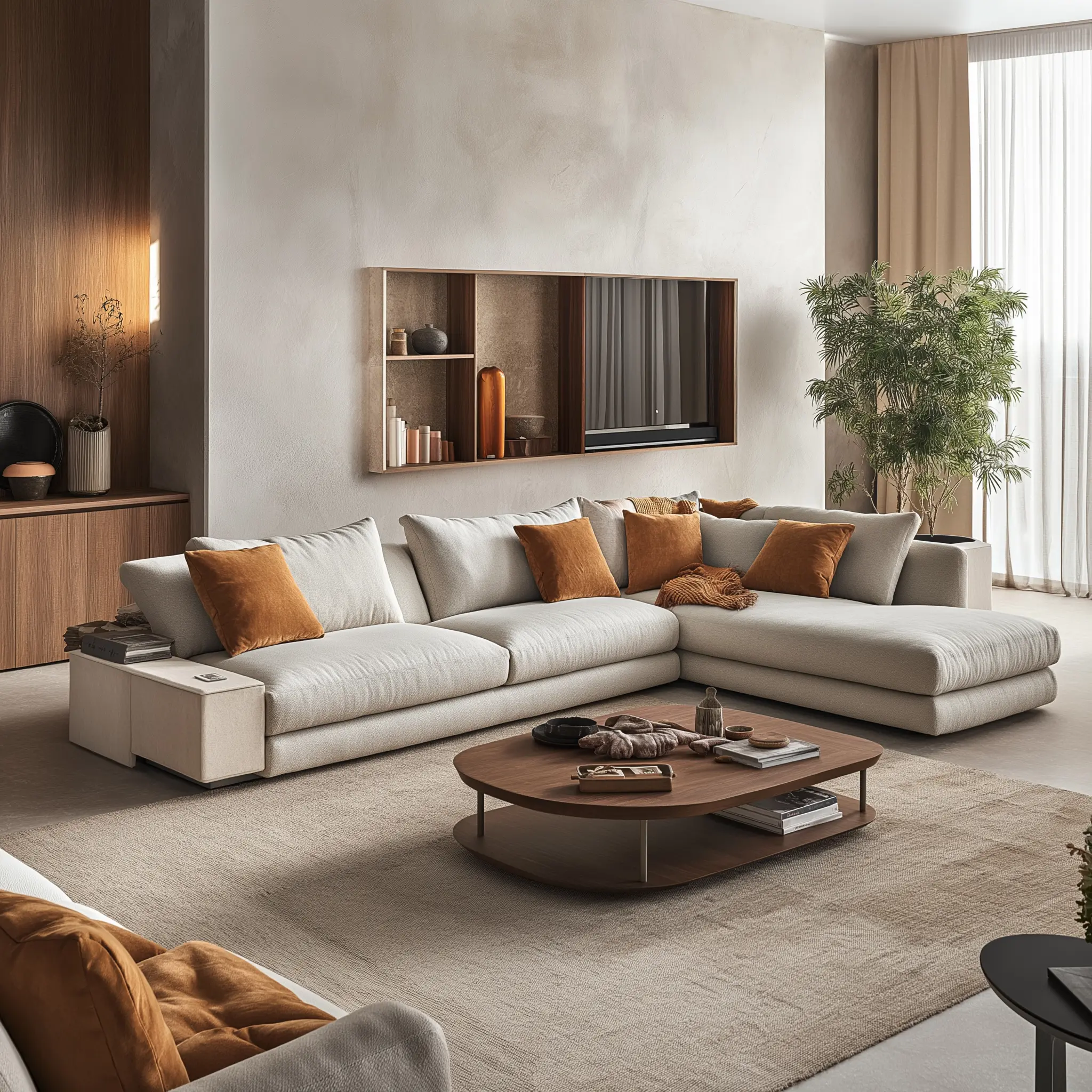 Elegant Living Room with Beige Natuzzi Sofa and Carrara Marble A cozy living room featuring a beige Natuzzi sofa, brick-colored throw pillows, and a marble-topped coffee table.