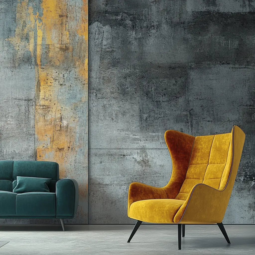 A mustard velvet statement chair placed beside a gray sofa in a bright and airy livingroom.