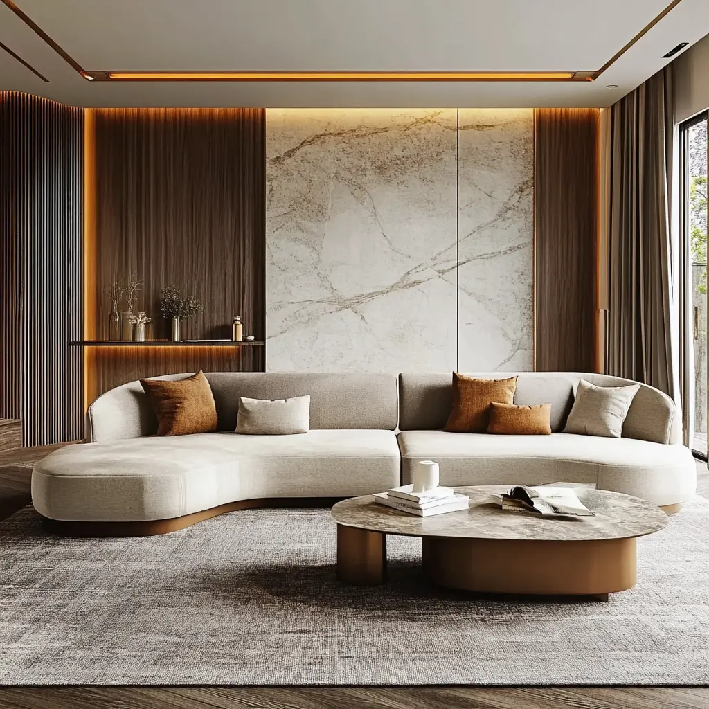 Modern Contemporary Living Room Decor A modern living room with a sleek sofa, minimalist decor, and large windows.