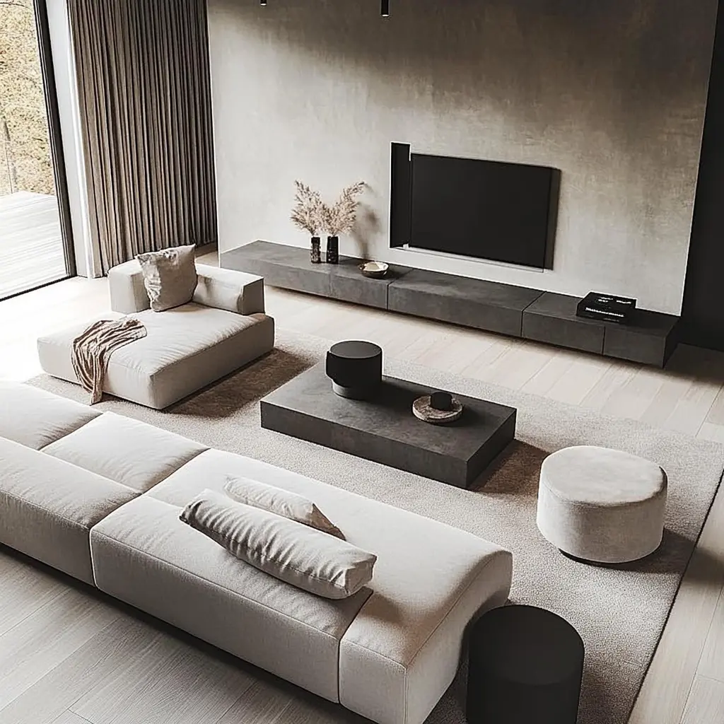 Contemporary Minimalist Living Room: Sleek and Serene A minimalist living room with a modern sofa, sleek coffee table, and neutral color palette in Arcadia