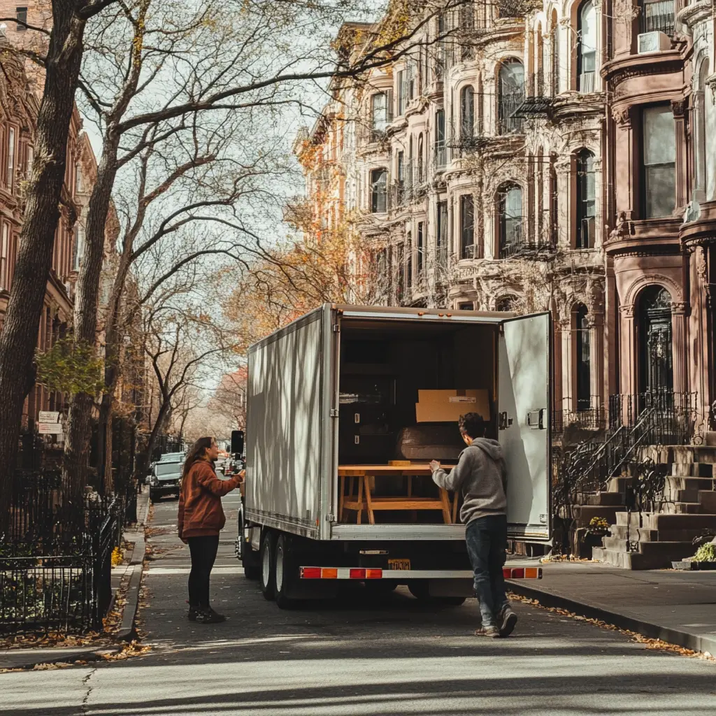 Young Couple Moving into a New Home Young couple loading furniture into a moving truck in front of a brownstone building for sell your Home