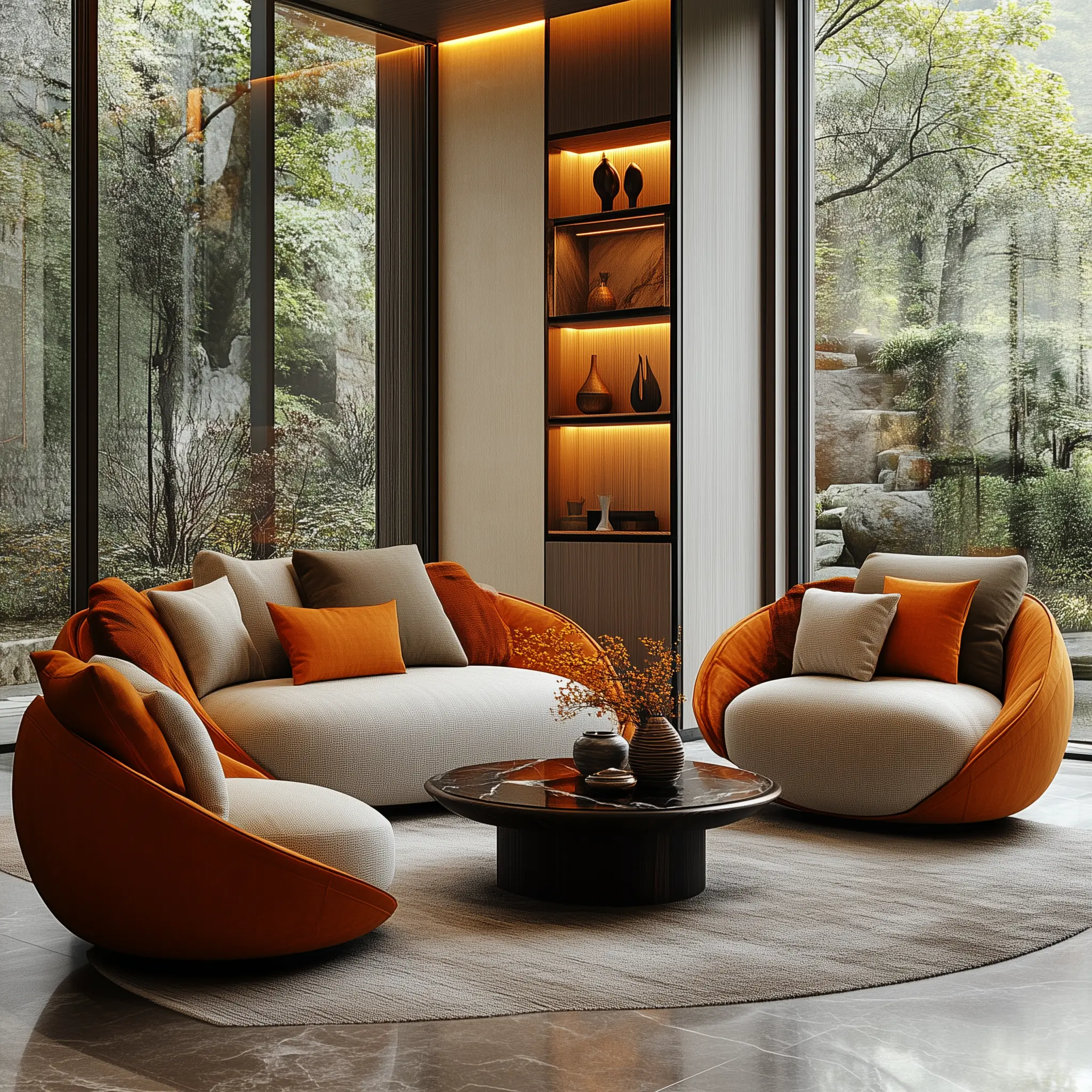 A 3D rendering of a modern living room with a custom-designed sofa, two artistic armchairs, and a coffee table.