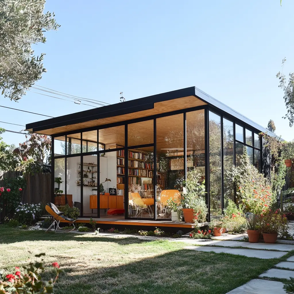 Modern Eames-Inspired ADU: Compact Living in California A rendering of a modern ADU inspired by the Eames House, situated in a California backyard..
