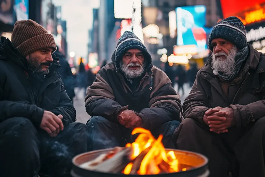 Three homeless individuals seeking warmth by a fire in Times Square, New York City.