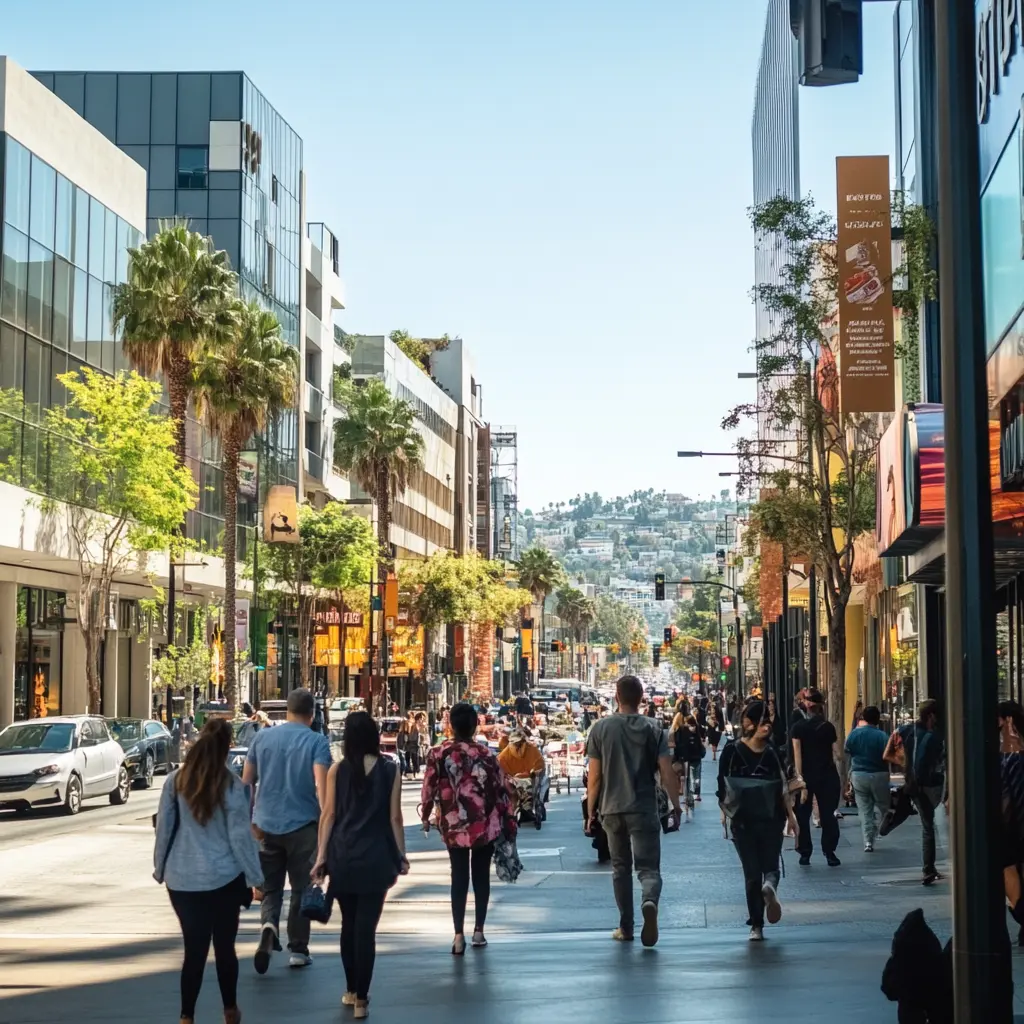 Busy Los Angeles street with diverse architecture and vibrant storefronts