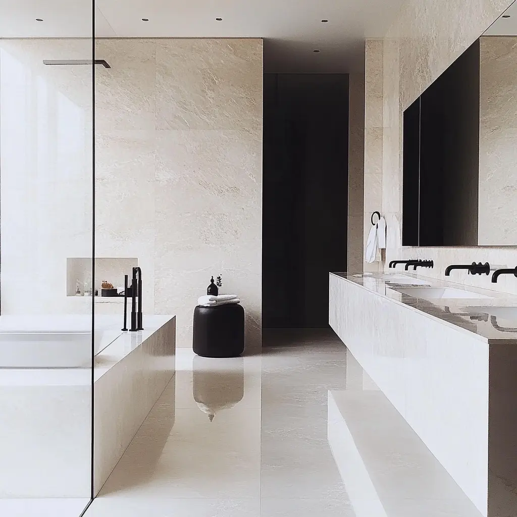 A spacious, minimalist bathroom with white marble tiles and black fixtures in Cypress