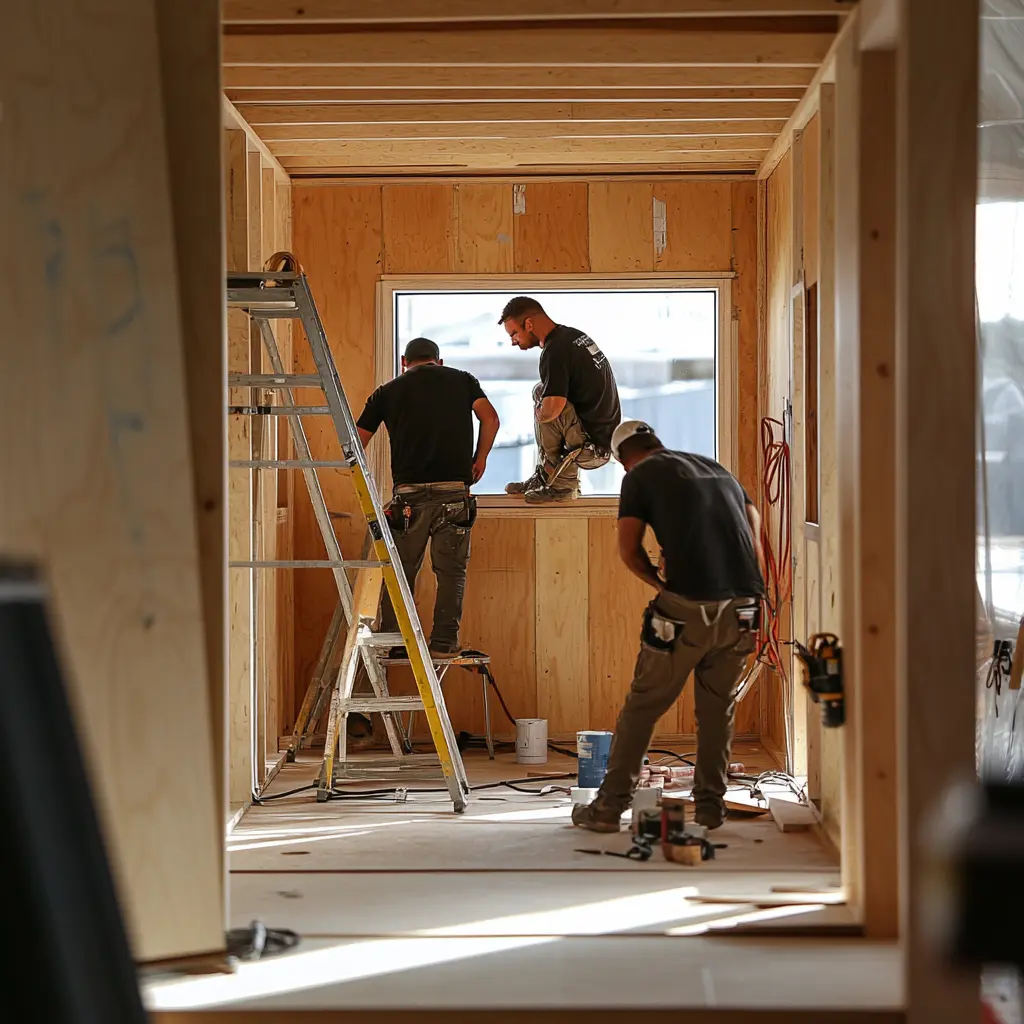 A man constructing a modular home, using tools to assemble prefabricated panels.