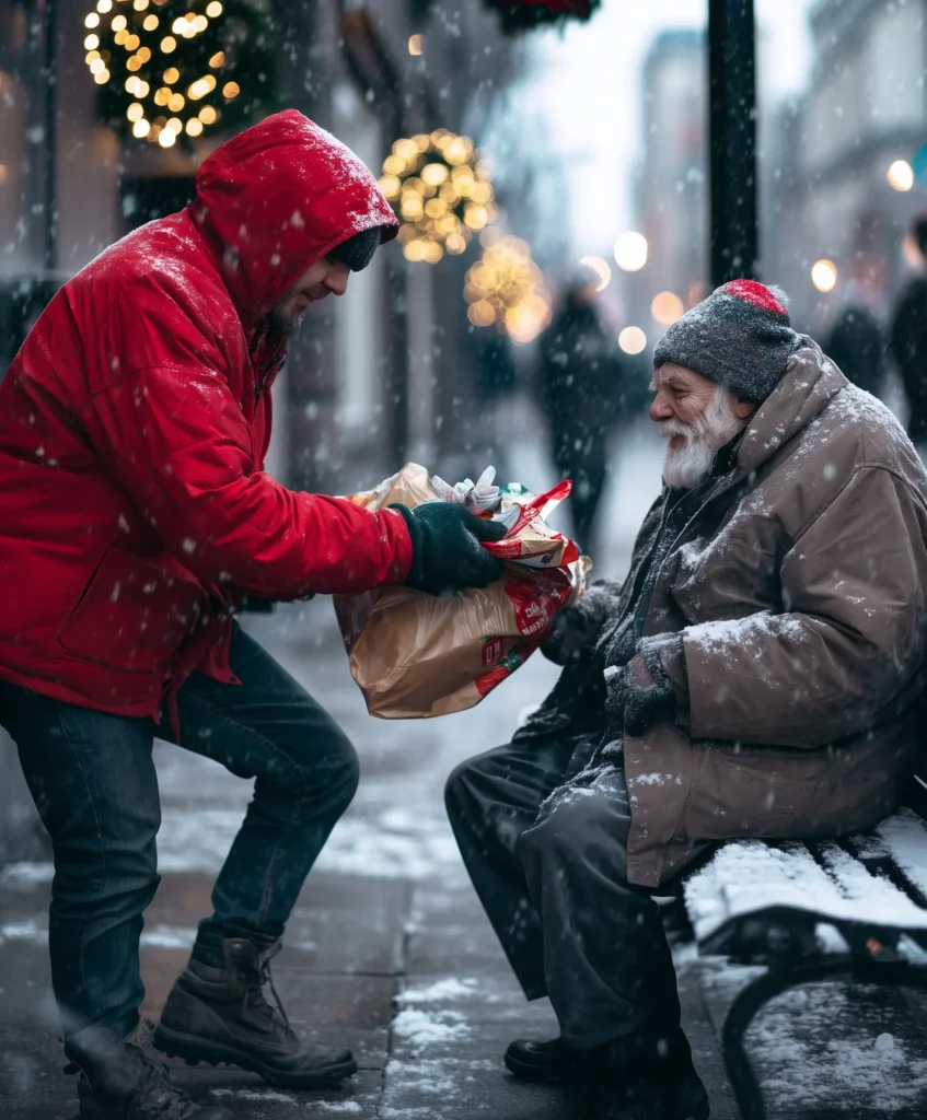 Man in red hoodie handing a bag of food to a homeless person on a snowy Christmas day.