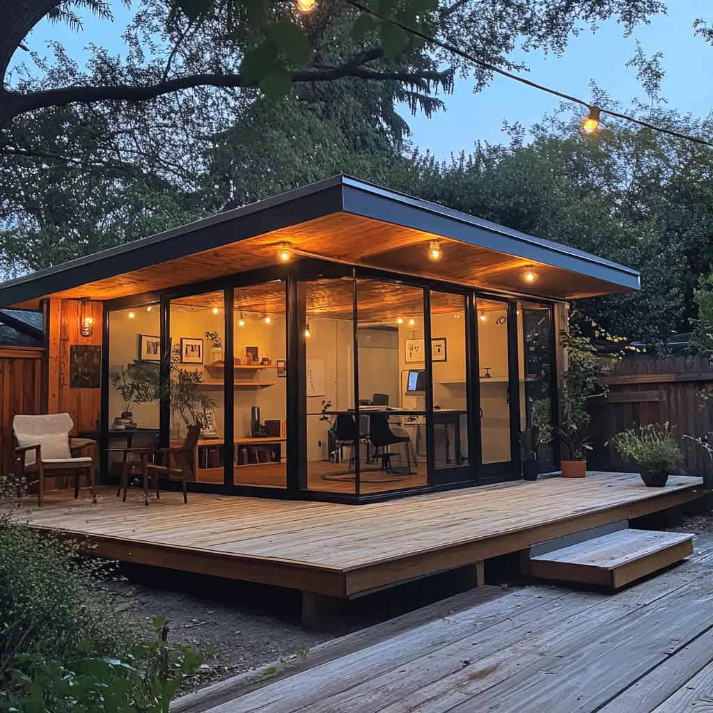 Compact Mid-Century Modern Backyard Office: Big Style in a Small Space A cozy, mid-century modern backyard office with large windows, a wooden desk, and warm accent lighting.