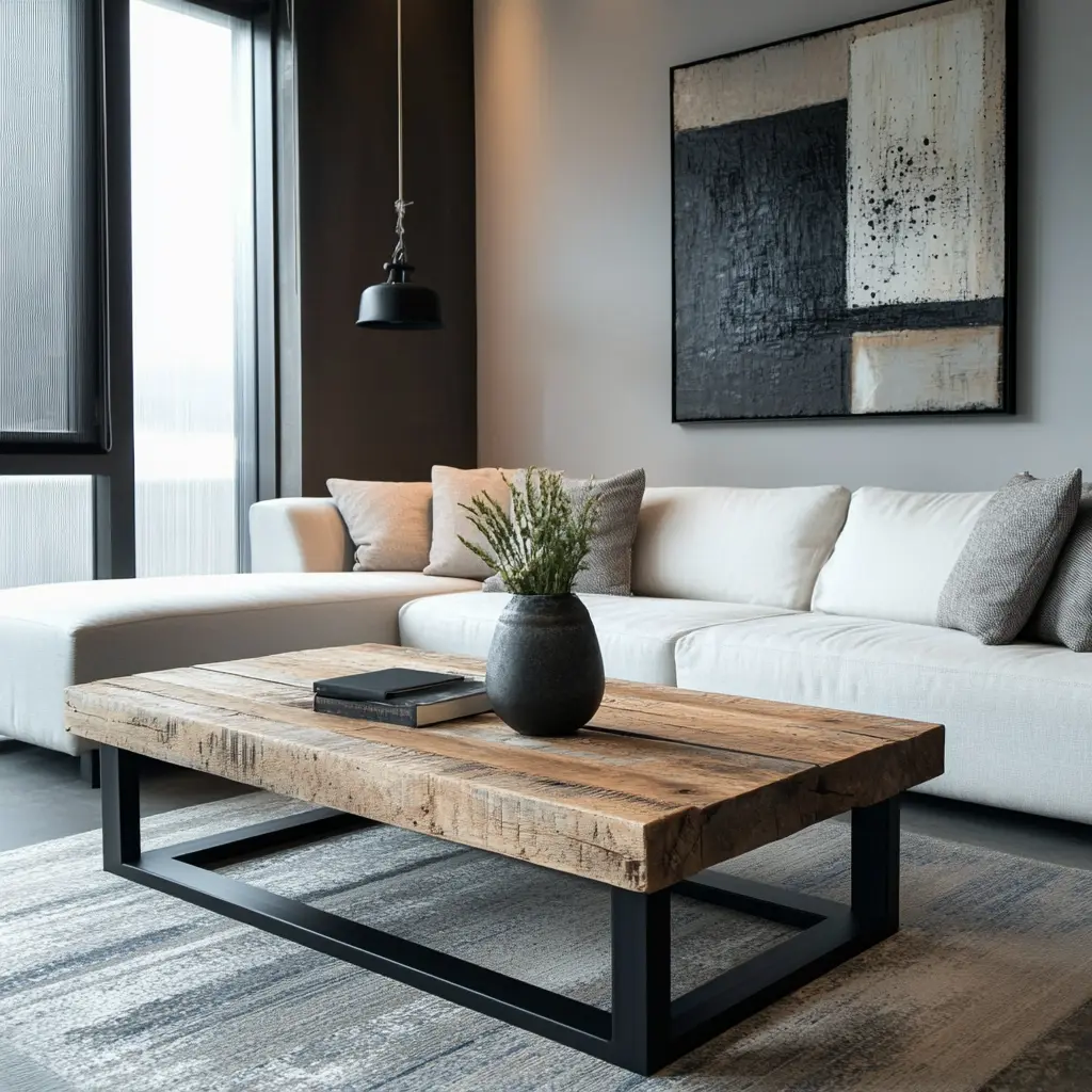 A minimalist coffee table made of reclaimed wood, placed in the center of a modern living room.