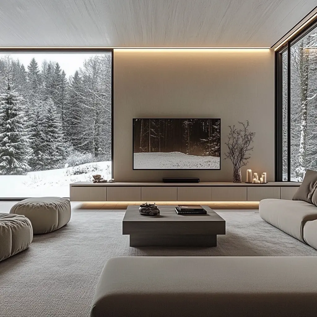 Minimalist Living Room with Floor-to-Ceiling Windows A minimalist living room with a light beige wall, large floor-to-ceiling windows, a grey rug, and a cozy seating area in Altadena