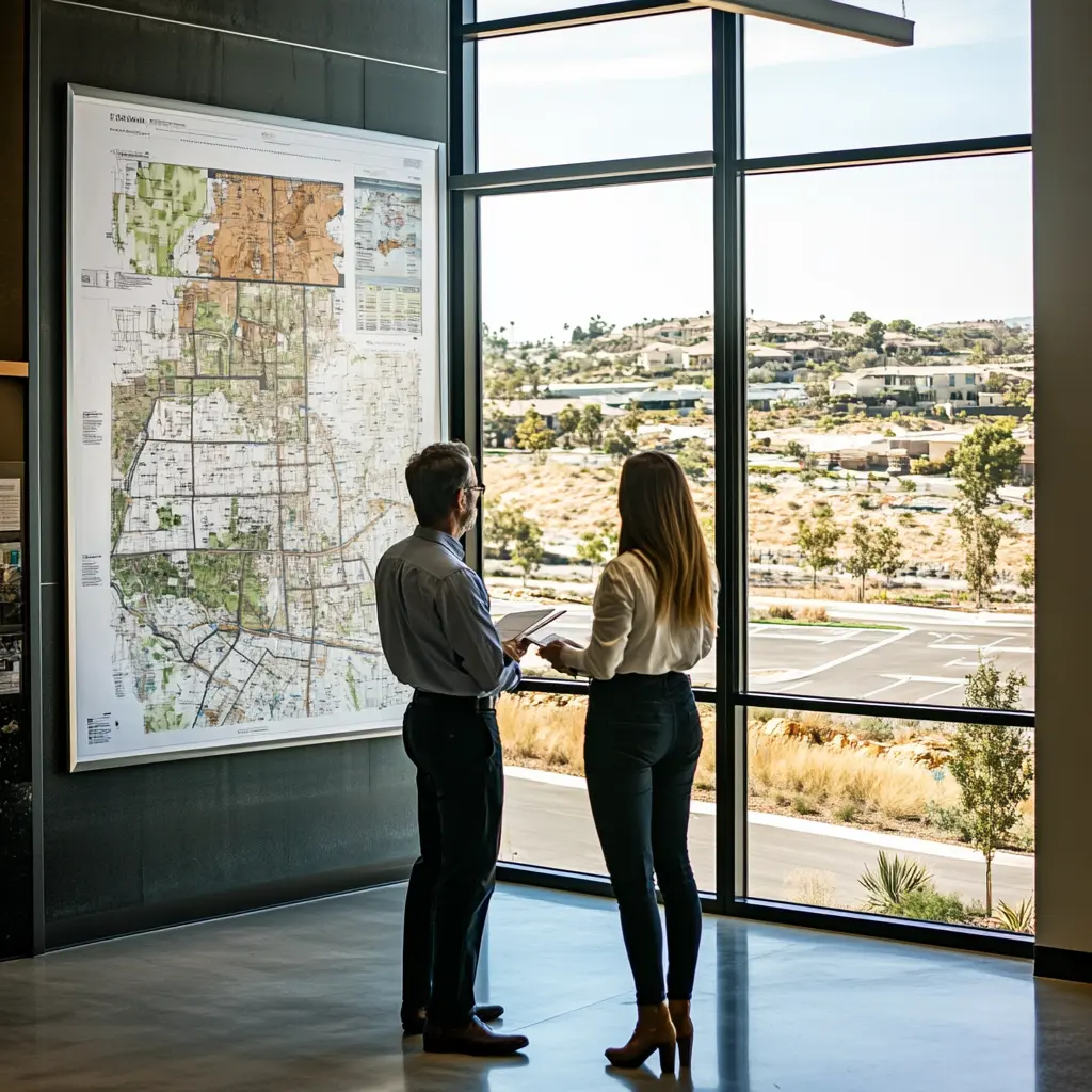 Architect discussing project with client in front of Mission Viejo map in Seal Beach
