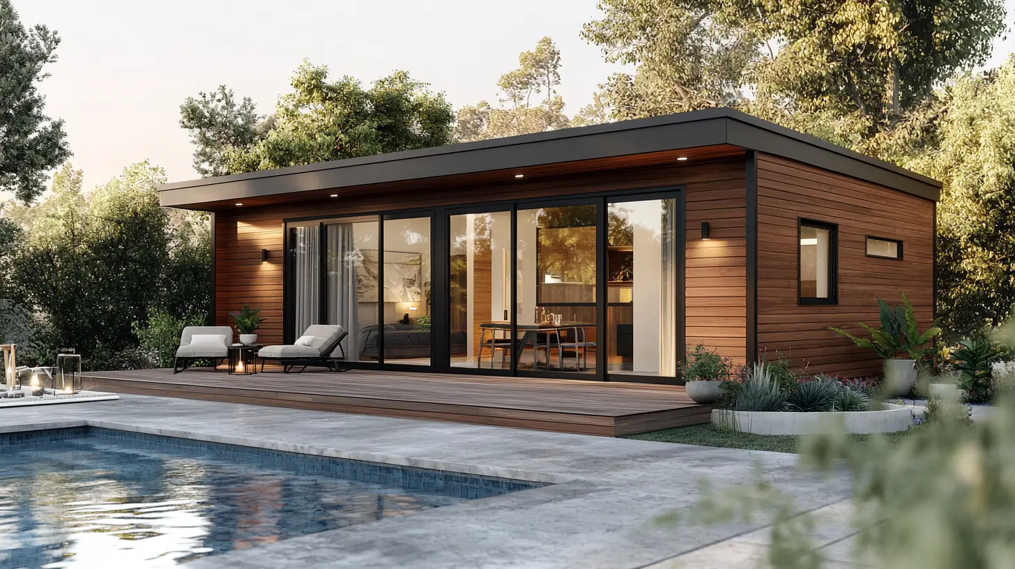 A modern ADU with large windows and a landscaped backyard in Cypress