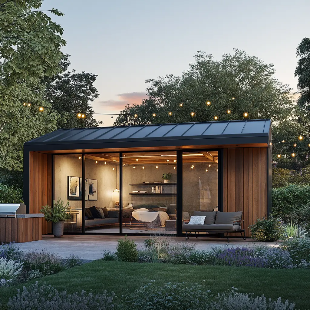 Modern Backyard ADU: A Stylish Retreat A modern ADU with large windows, a flat roof, and a small patio surrounded by greenery.