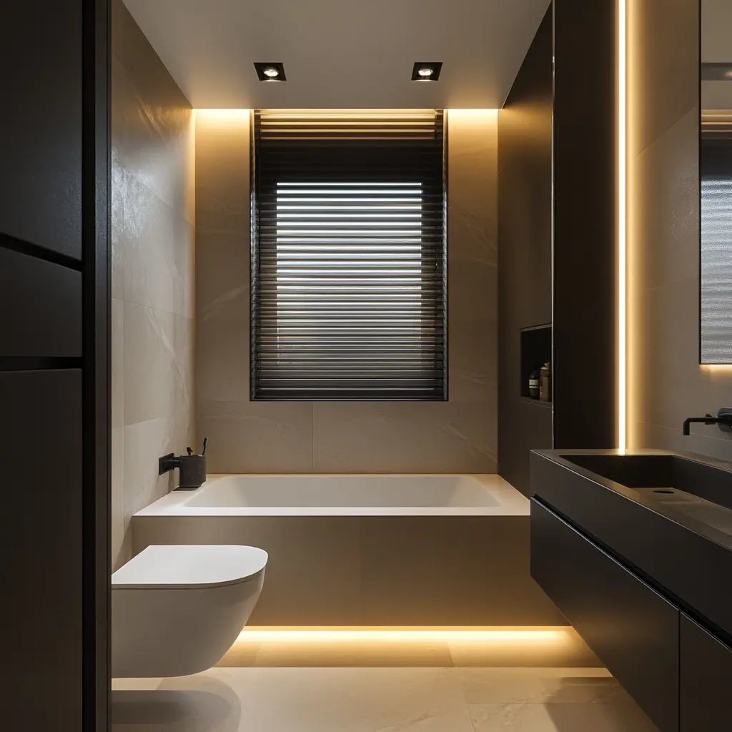 Modern Bathroom with Sleek LED Strip Lighting A minimalist modern bathroom with LED strip lights creating a soft, ambient glow in Arcadia