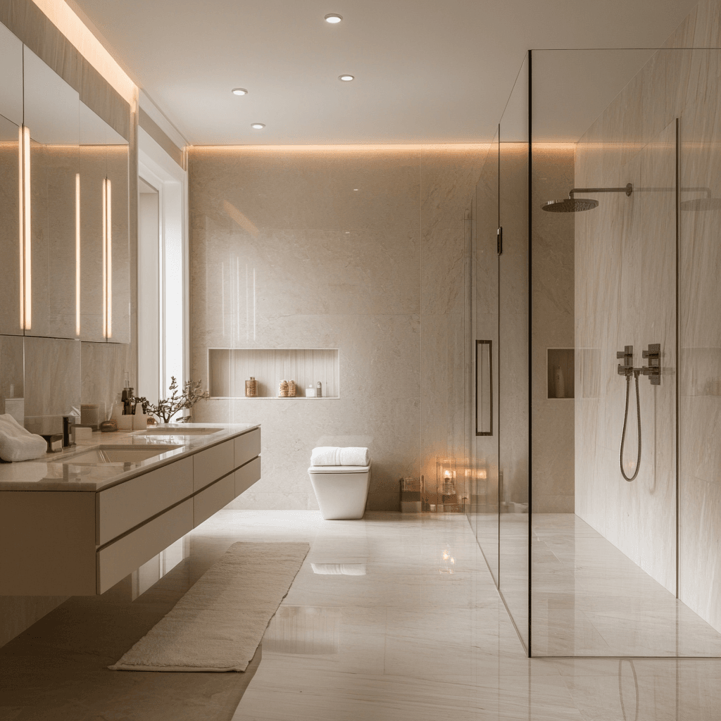 Modern Bathroom with Natural Stone Accents Modern bathroom with a walk-in shower and natural stone accents.