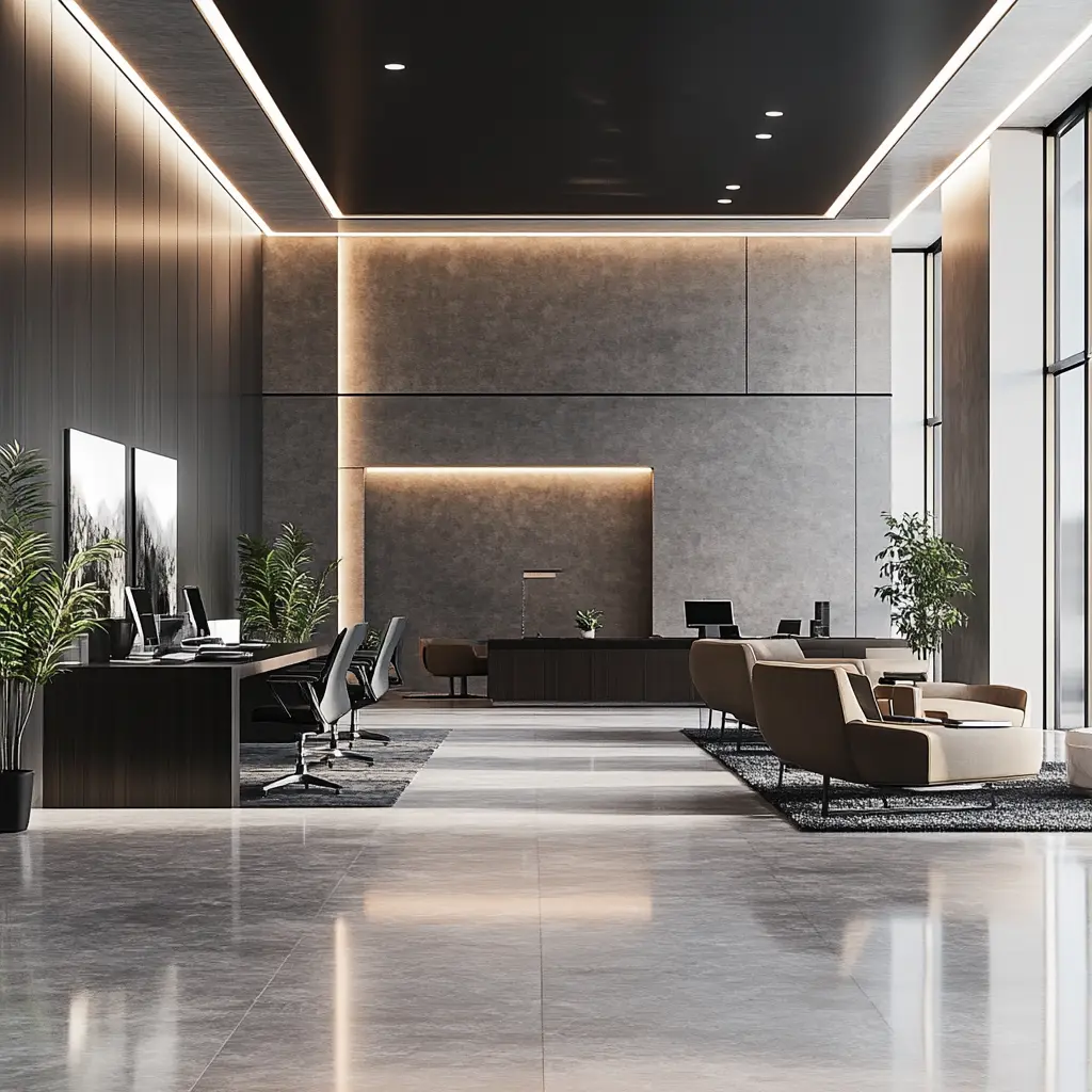 Sleek 3D render of a modern commercial space with open workspace