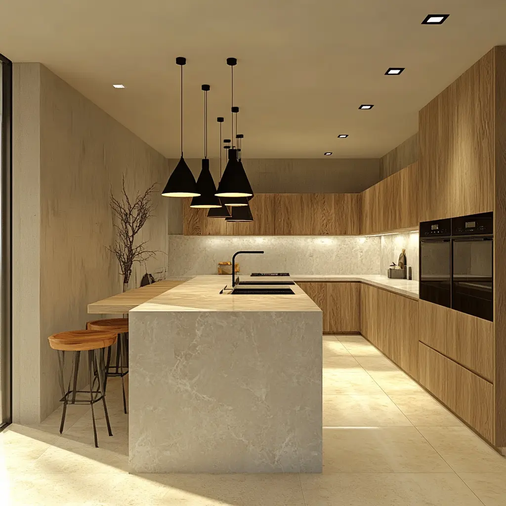Modern Kitchen Render: Exotic Granite & Wood Cabinets  A 3D rendering of a modern kitchen with a large island featuring exotic white granite countertops, warm wood cabinets, and integrated LED lighting.