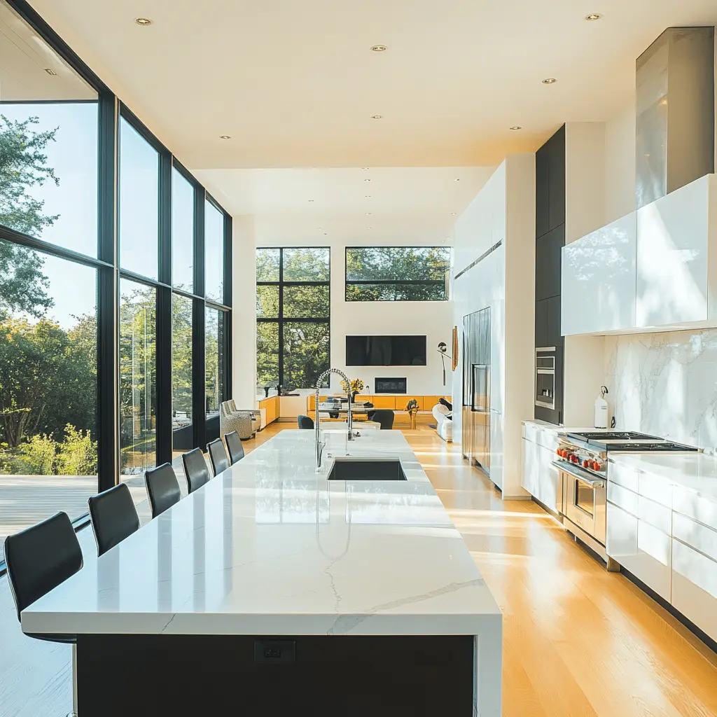 Sleek Modern Kitchen with Quartz Countertops and Large Island Modern kitchen with quartz countertops, large island, and natural light
