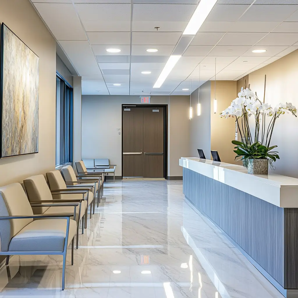 Modern Medical Office Design: Comfort and Care A sleek, modern medical office with a comfortable waiting area and private consultation rooms.