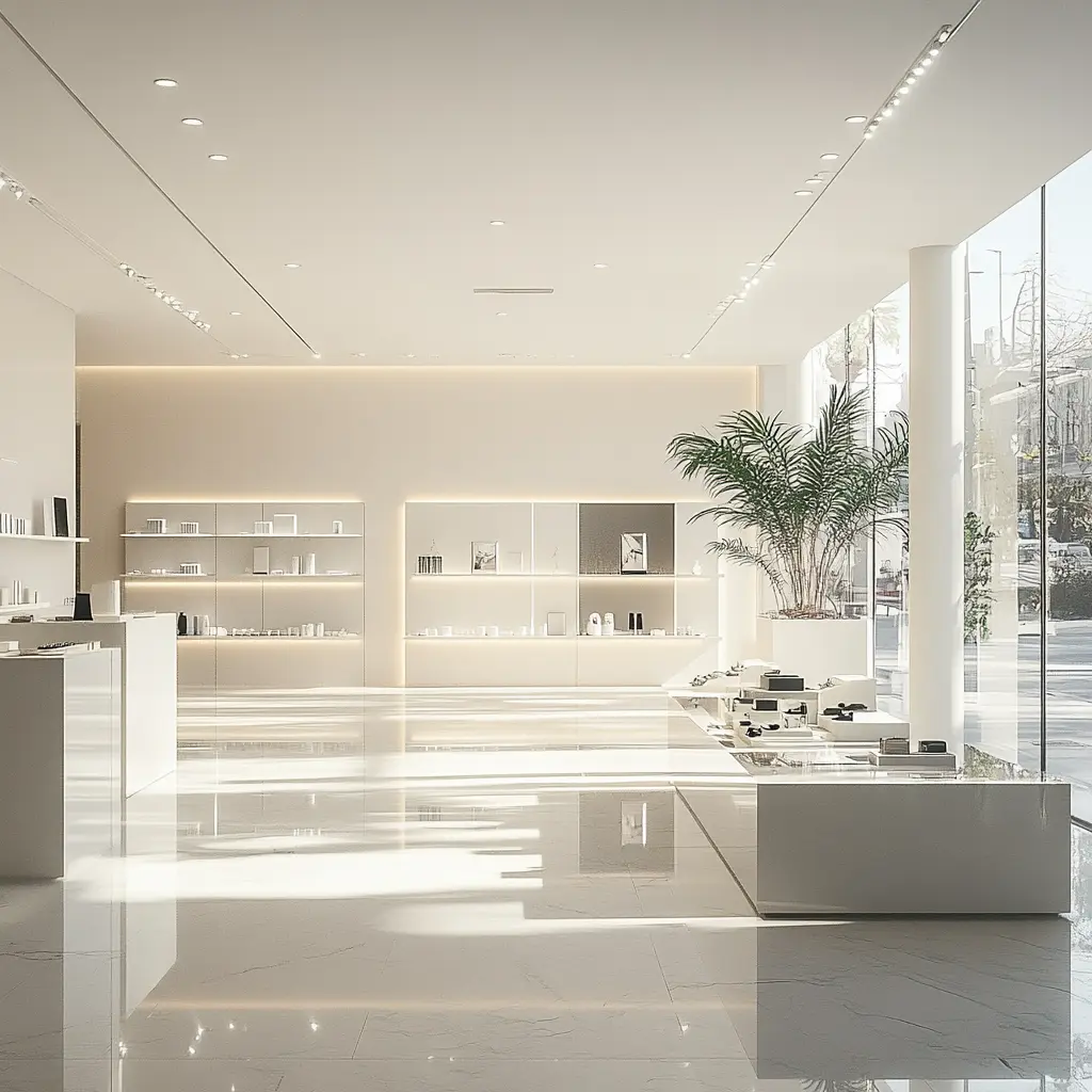 Sleek retail store interior with stylish product displays and natural lighting