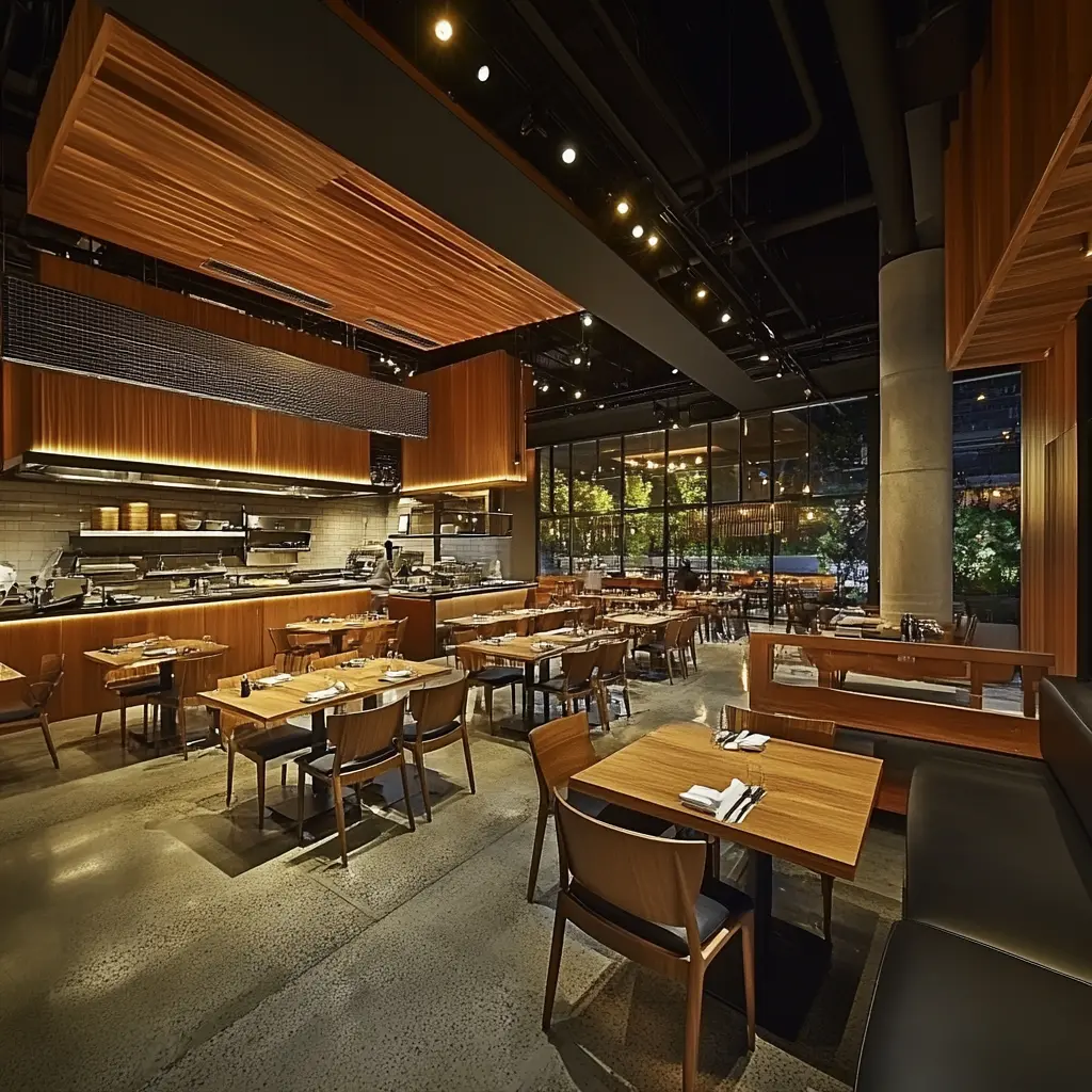 Experience Modern Dining in a Warm and Inviting Atmosphere Modern restaurant interior with open kitchen and warm lighting