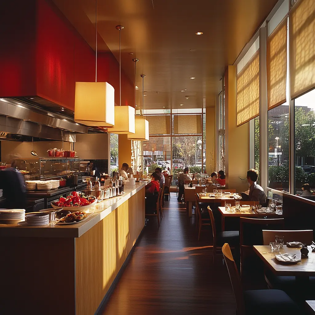 Experience Modern Dining in a Warm and Inviting Atmosphere Modern restaurant interior with open kitchen and warm lighting