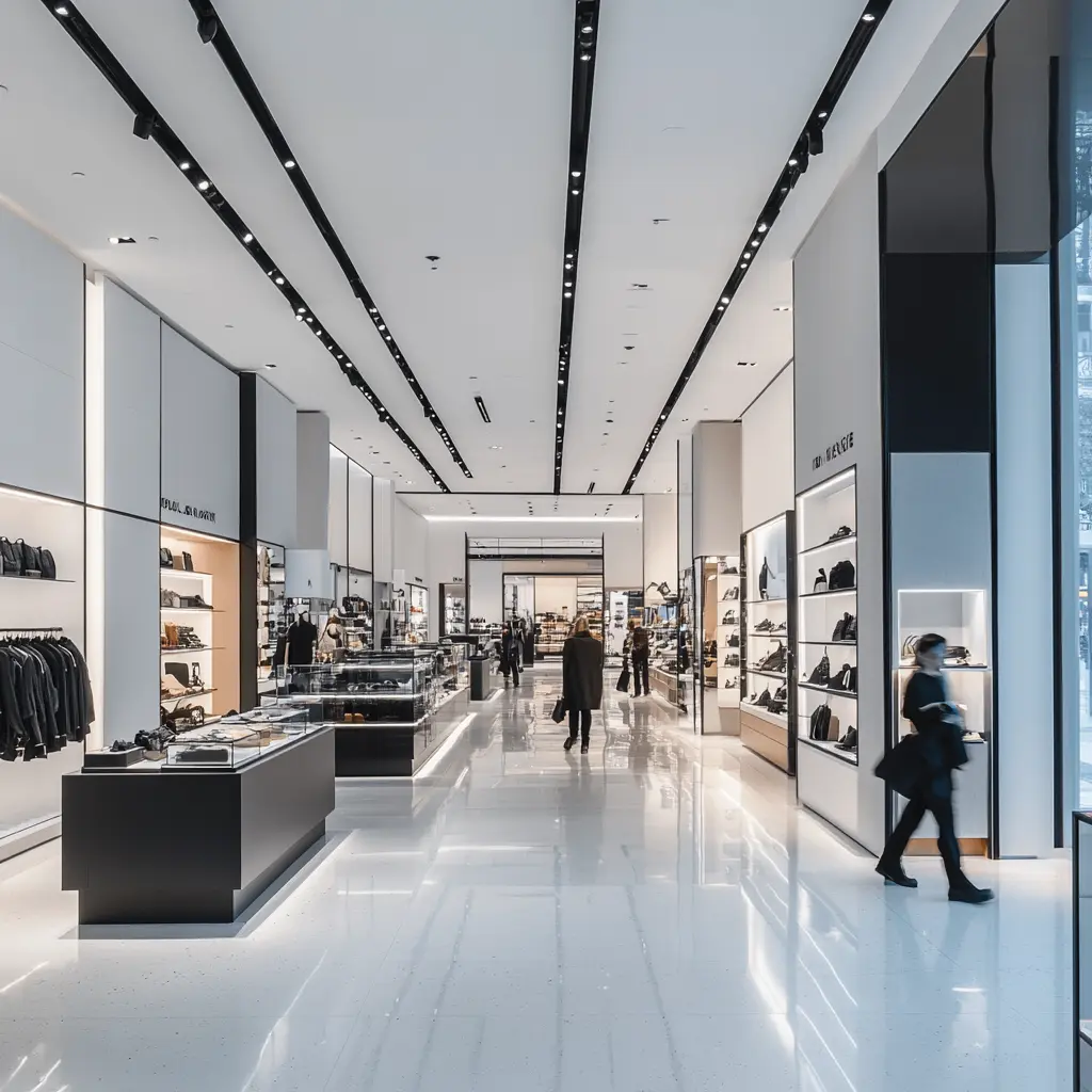 A customer walking through a modern retail store with sleek fixtures and minimalist decor.