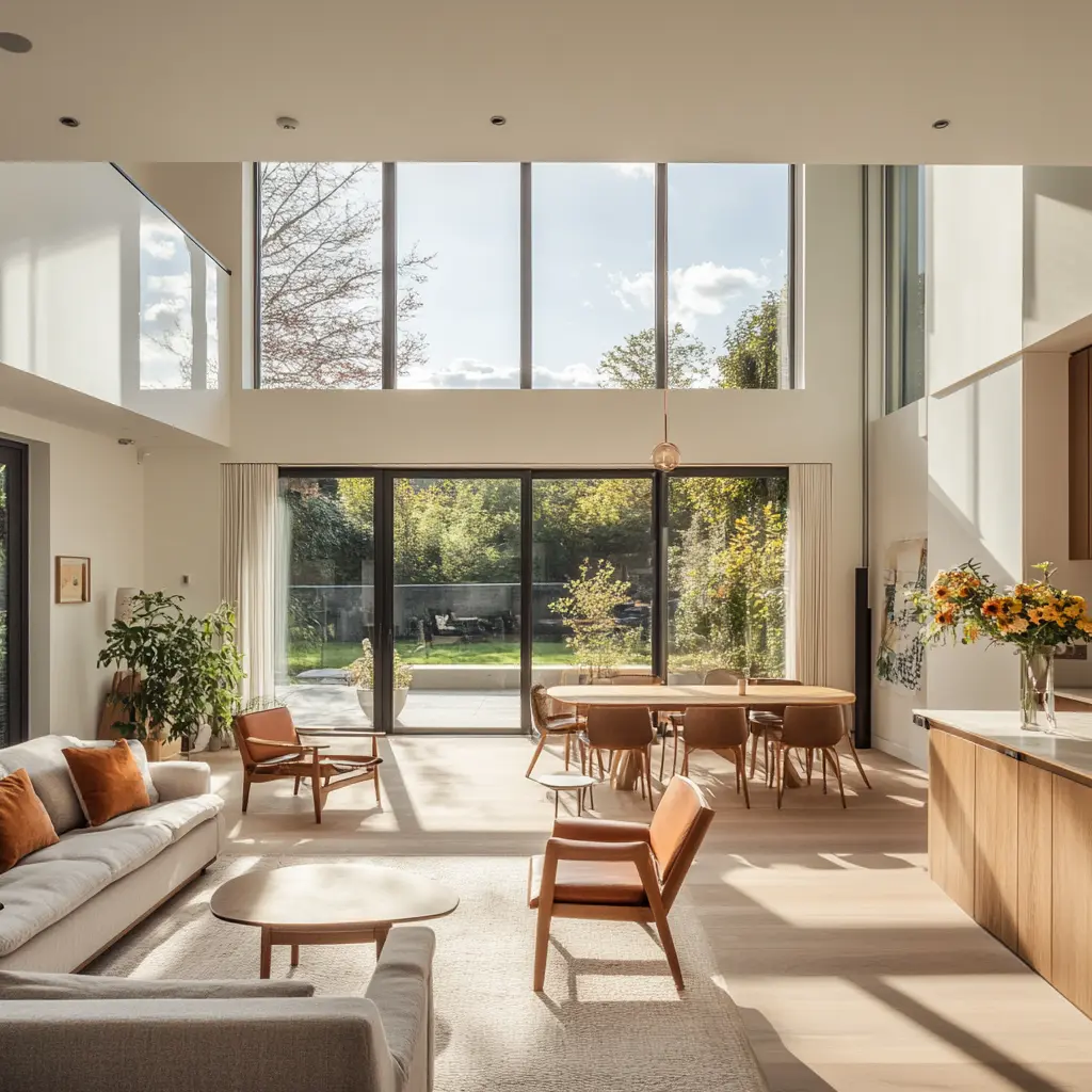 Open-plan living room extension with floor-to-ceiling windows