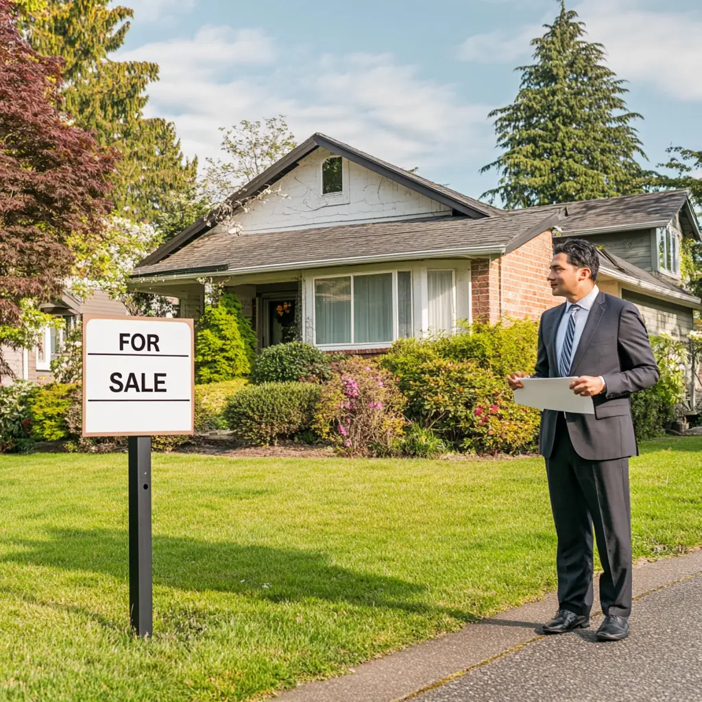 Your Trusted Real Estate Partner A real estate agent stands in front of a house with a sign, holding a sign rider for sell your Home